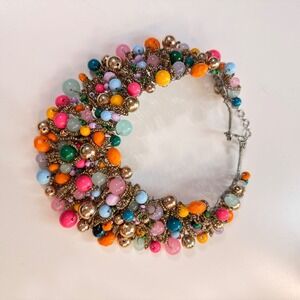 Vibrant Multi-Color Bead Cluster Collar Necklace Maximalist Bib Statement Heart